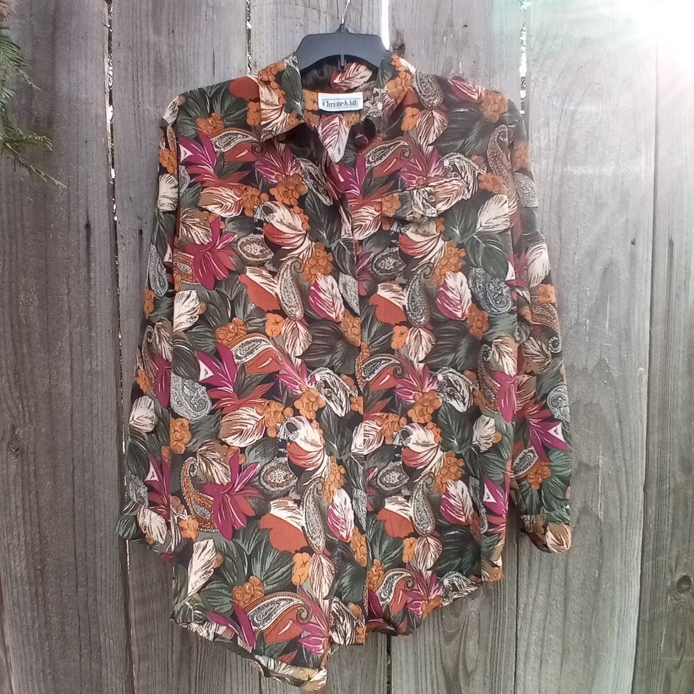 Christie & Jill Button Up 100%Silk Top 12 Black Floral Print Long Sleeve Vintage